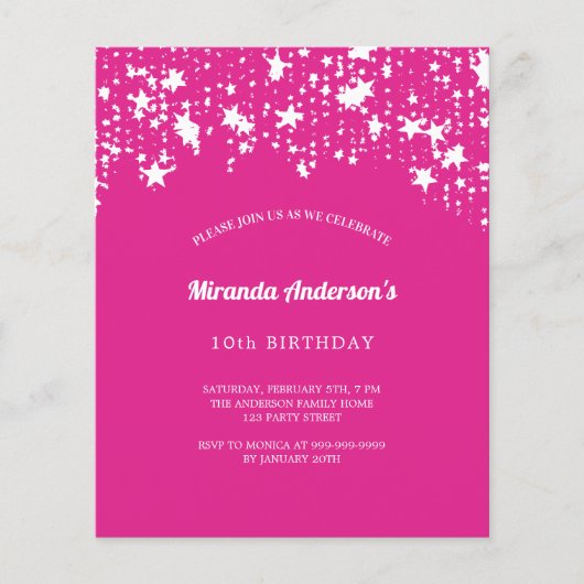 Verjaardagsfeest roze witte sterren budget uitnodi (Voorkant)