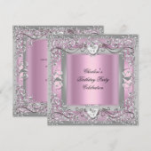 Verjaardagsfeest Roze Zilver Diamant Kaart (Voorkant / Achterkant)