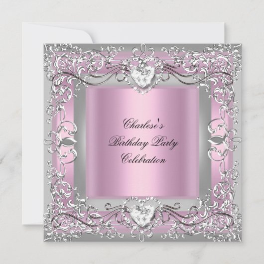Verjaardagsfeest Roze Zilver Diamant Kaart (Voorkant)