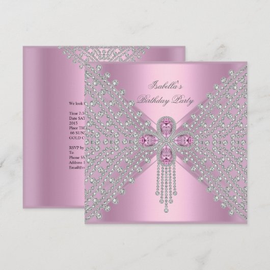 Verjaardagsfeest Roze Zilver Wit Diamant Kaart (Voorkant / Achterkant)