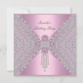 Verjaardagsfeest Roze Zilver Wit Diamant Kaart (Voorkant)