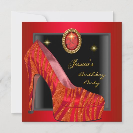 Verjaardagsfeest Schoen Goud Rood Zwart Zebra Kaart (Voorkant)