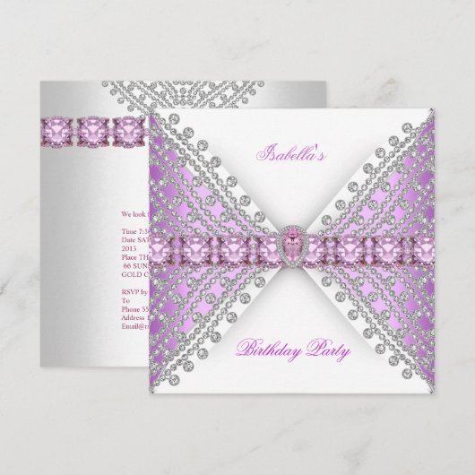 Verjaardagsfeest Sering Roze Zilver Wit Diamanten Kaart (Voorkant / Achterkant)