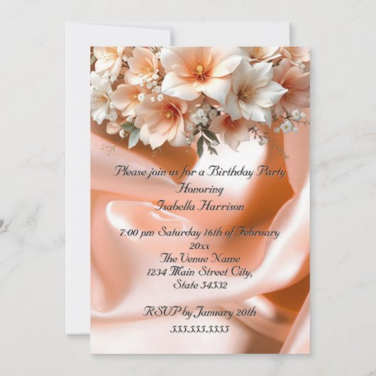 Verjaardagsfeest Silk Peach Roze Bloemen Kaart (Achterkant)