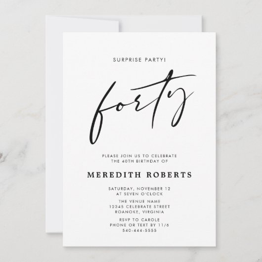 Verjaardagsfeest Surprise Party Chic Modern Script Kaart (Voorkant)