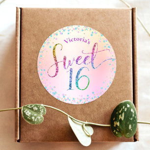 Verjaardagsfeest Sweet 16 Regenboog Glitters Confe Ronde Sticker