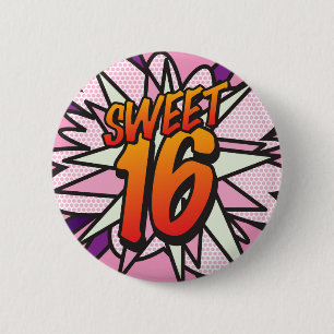 VERJAARDAGSFEEST SWEET 16 Retro stripboek Ronde Button 5,7 Cm