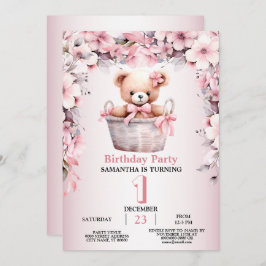 Verjaardagsfeest Teddy Bear Baby Girl Roze Bloemen Kaart