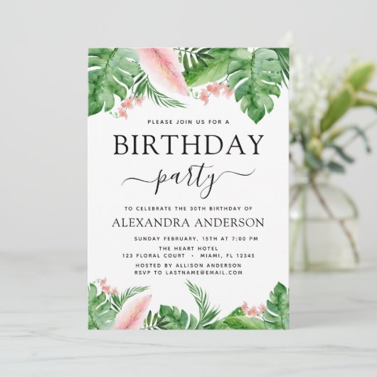 Verjaardagsfeest Tropische palmbloemige Waterverf Kaart (Staand voorkant)