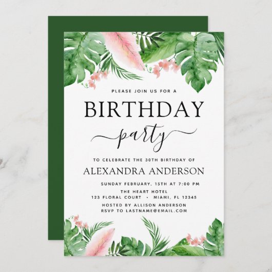 Verjaardagsfeest Tropische palmbloemige Waterverf Kaart (Voorkant / Achterkant)