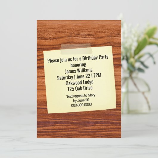 Verjaardagsfeest Uitnodigen Taped Op Hout Kaart (Staand voorkant)