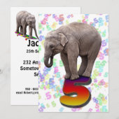 Verjaardagsfeest uitnodiging 5, met blije olifante (Voorkant / Achterkant)