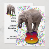 Verjaardagsfeest uitnodiging 8, met blije olifante (Voorkant / Achterkant)