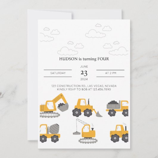 Verjaardagsfeest Uitnodiging Bouwtrucks  (Voorkant)