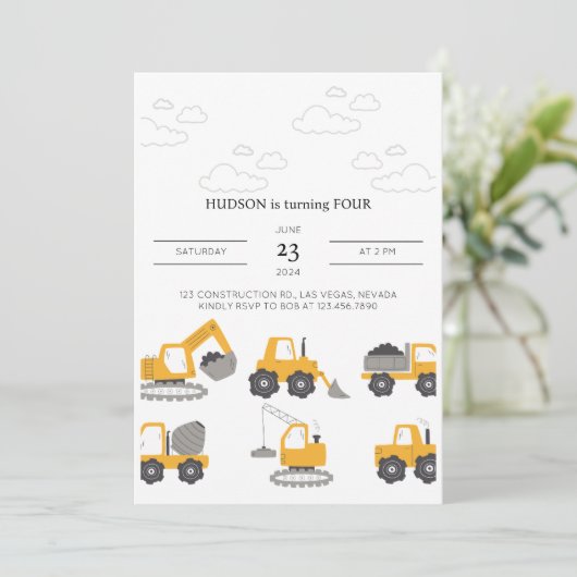 Verjaardagsfeest Uitnodiging Bouwtrucks  (Staand voorkant)