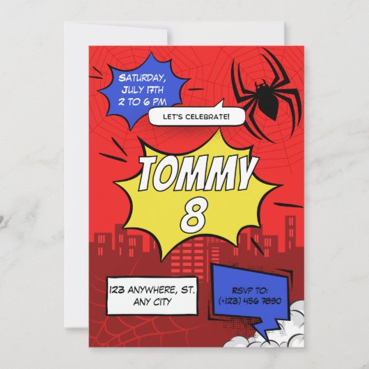 Verjaardagsfeest Uitnodiging Comic Spin Thema  (Voorkant)