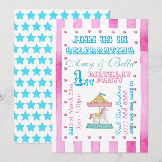 Verjaardagsfeest Uitnodiging - Draaimolen Thema (Voorkant / Achterkant)