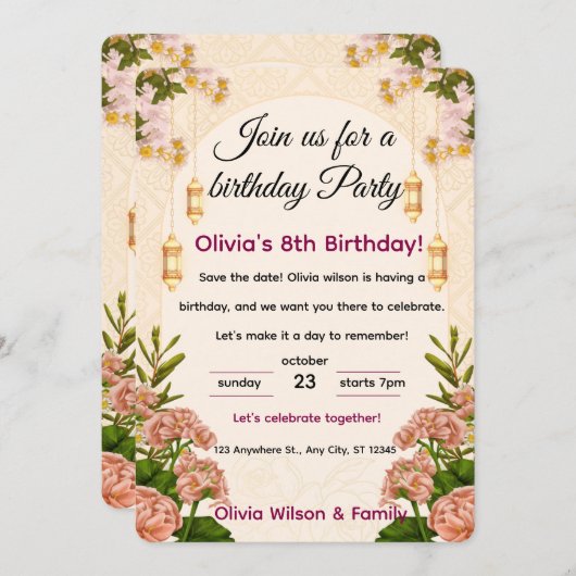 Verjaardagsfeest Uitnodiging Elegante Bloemen (Voorkant / Achterkant)