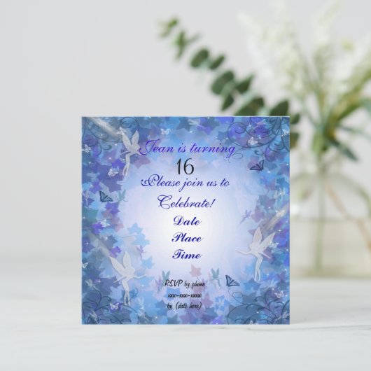 Verjaardagsfeest Uitnodiging Fairy blauw (Staand voorkant)