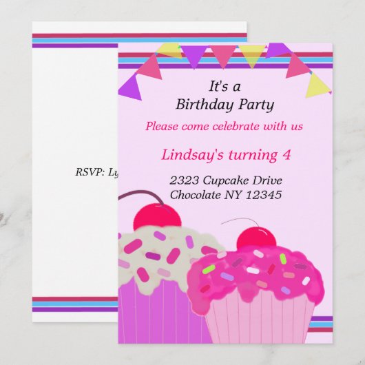 Verjaardagsfeest Uitnodiging Fancy Cupcakes (Voorkant / Achterkant)