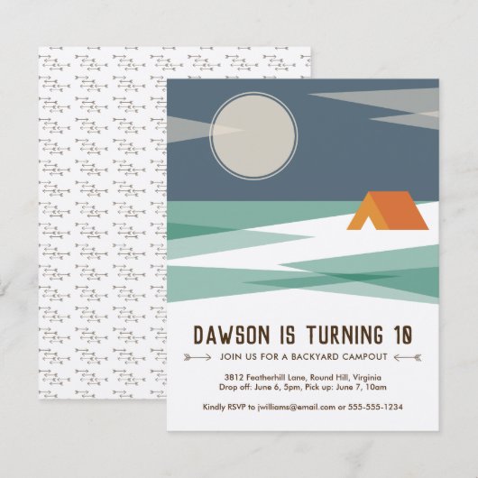 Verjaardagsfeest uitnodiging, jongen, camping kaart (Voorkant / Achterkant)