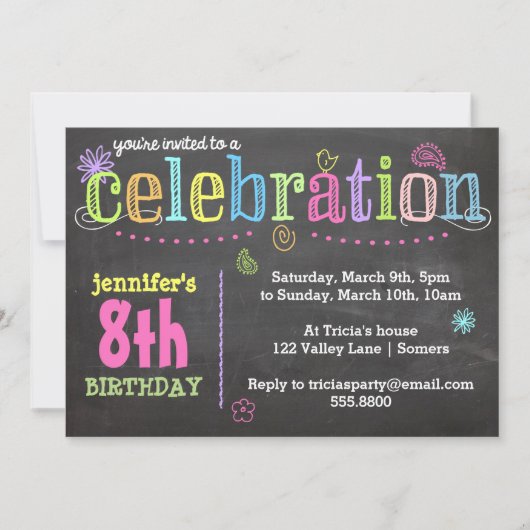 Verjaardagsfeest Uitnodiging-Krijt + Neon Kaart (Voorkant)