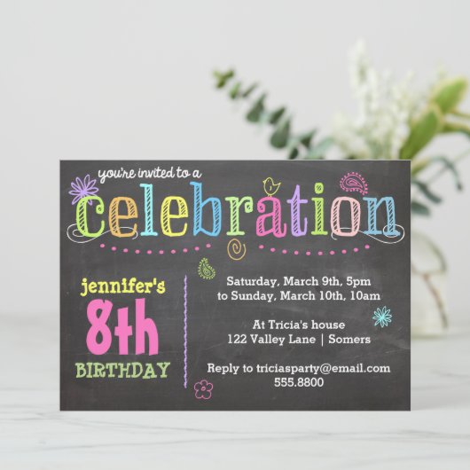 Verjaardagsfeest Uitnodiging-Krijt + Neon Kaart (Staand voorkant)