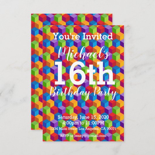 Verjaardagsfeest Uitnodiging Rainbow Cubes Blocks (Voorkant / Achterkant)