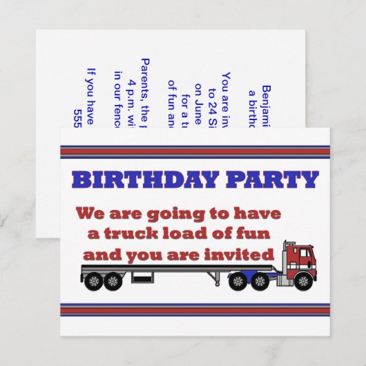 Verjaardagsfeest uitnodiging rode cabover grote ri (Voorkant / Achterkant)