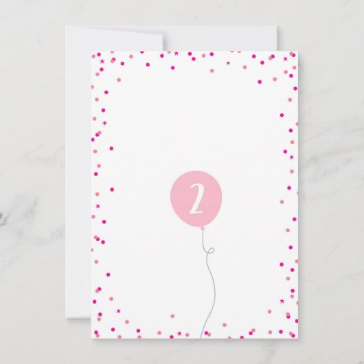 VERJAARDAGSFEEST uitnodiging roze ballonnen confet (Achterkant)