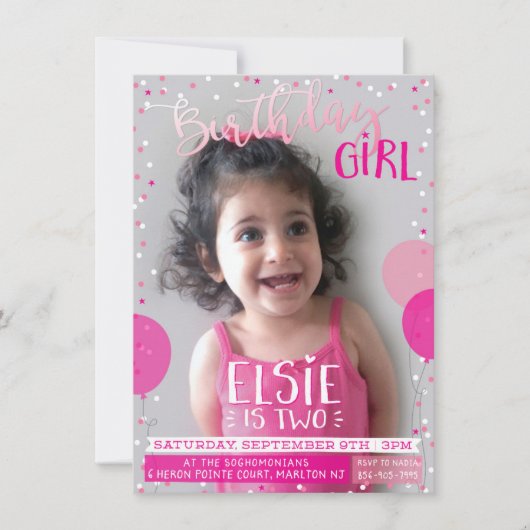 VERJAARDAGSFEEST uitnodiging roze ballonnen confet (Voorkant)