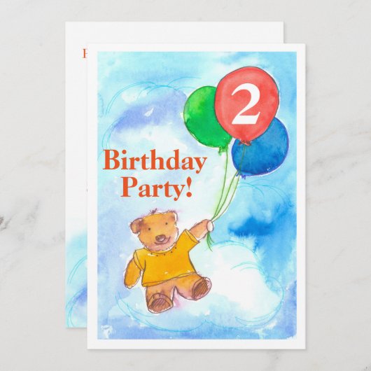 Verjaardagsfeest Uitnodiging Teddy Bear Ballonnen (Voorkant / Achterkant)