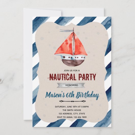 Verjaardagsfeest uitnodiging voor een zeilboot (Voorkant)