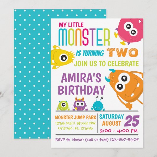 Verjaardagsfeest Uitnodiging voor Kleine Monsters (Voorkant / Achterkant)