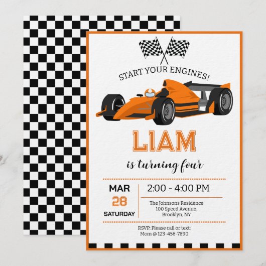 Verjaardagsfeest Uitnodiging voor Raceauto (Voorkant / Achterkant)