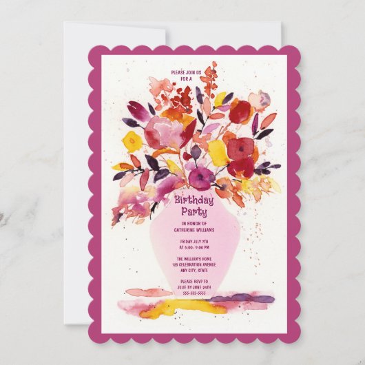 Verjaardagsfeest Uitnodiging Waterverf Bloemen Vaa (Voorkant)