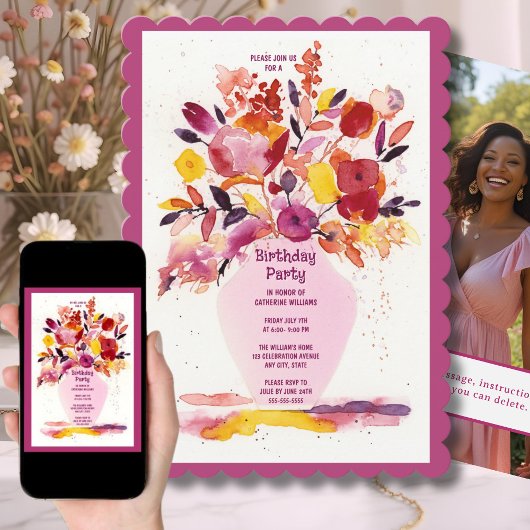 Verjaardagsfeest Uitnodiging Waterverf Bloemen Vaa