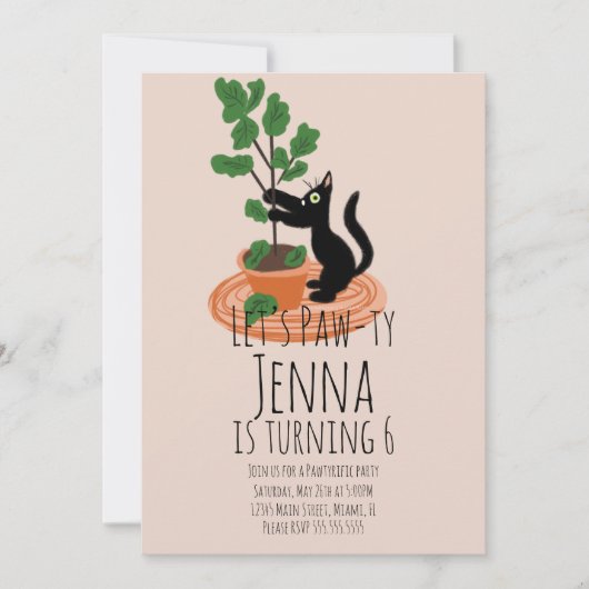 Verjaardagsfeest uitnodiging zwart roze knappe kat (Voorkant)