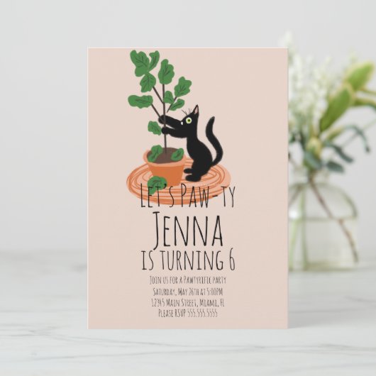 Verjaardagsfeest uitnodiging zwart roze knappe kat (Staand voorkant)