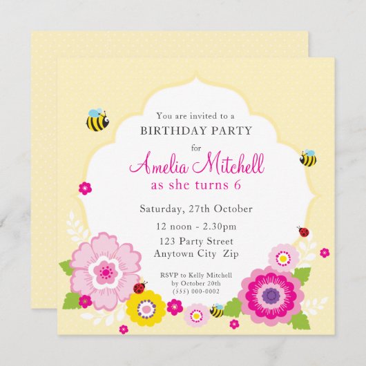 VERJAARDAGSFEEST UITNODIGINGEN:: tuin thema 1 Kaart (Voorkant / Achterkant)