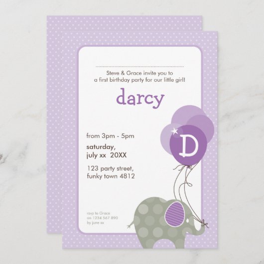 VERJAARDAGSFEEST UITNODIGT :: olifant + ballonnen  Kaart (Voorkant / Achterkant)