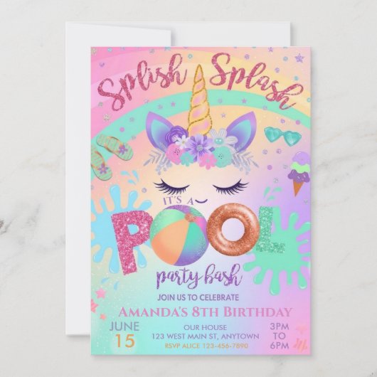 Verjaardagsfeest Unicorn Float Splish Splash Zwemb Kaart (Voorkant)