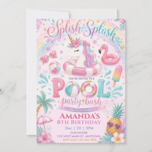 Verjaardagsfeest Unicorn Float Splish Splash Zwemb Kaart (Voorkant)