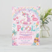 Verjaardagsfeest Unicorn Float Splish Splash Zwemb Kaart (Staand voorkant)