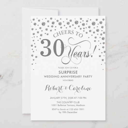 Verjaardagsfeest van 30 jaar - Zilver Wit Kaart (Voorkant)