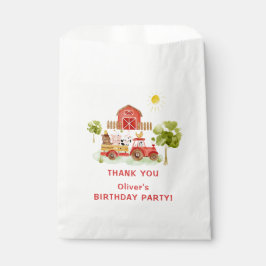 verjaardagsfeest van boerderijdieren met rode trek bedankzakje
