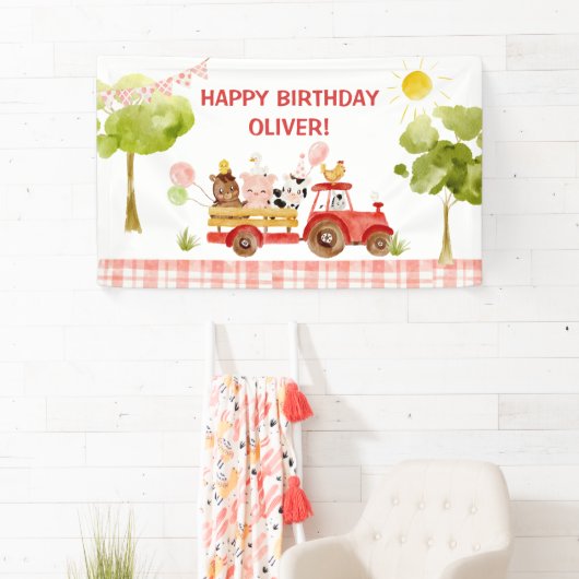 verjaardagsfeest van boerderijdieren met rode trek spandoek (Insitu)