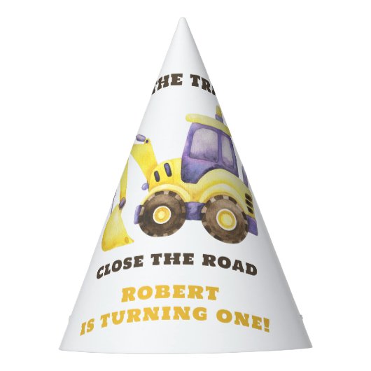 Verjaardagsfeest van de bouwtruckgraafmachine feesthoedjes (Voorkant)