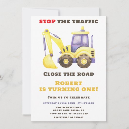 Verjaardagsfeest van de bouwtruckgraafmachine kaart (Voorkant)