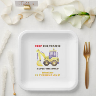 Verjaardagsfeest van de bouwtruckgraafmachine papieren bordje